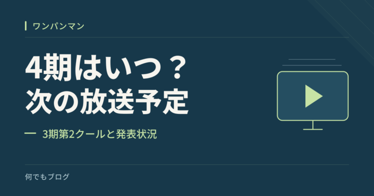 「4期はいつ？」「次の放送予定」「3期第2クールと発表状況」の文字と、青い背景に映像の画面を表す長方形と再生の三角形を配したアイキャッチ。